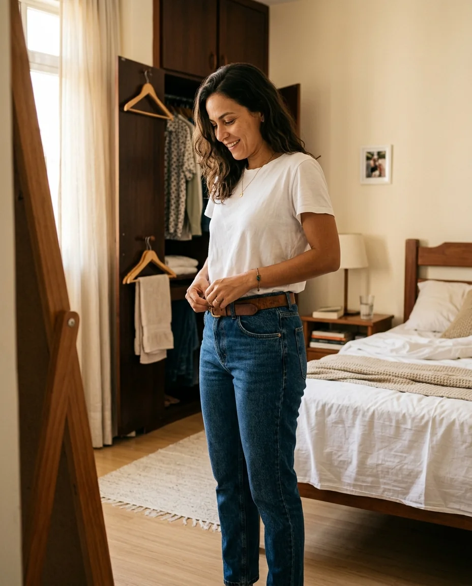 Mulher abotoando jeans que voltou a servir