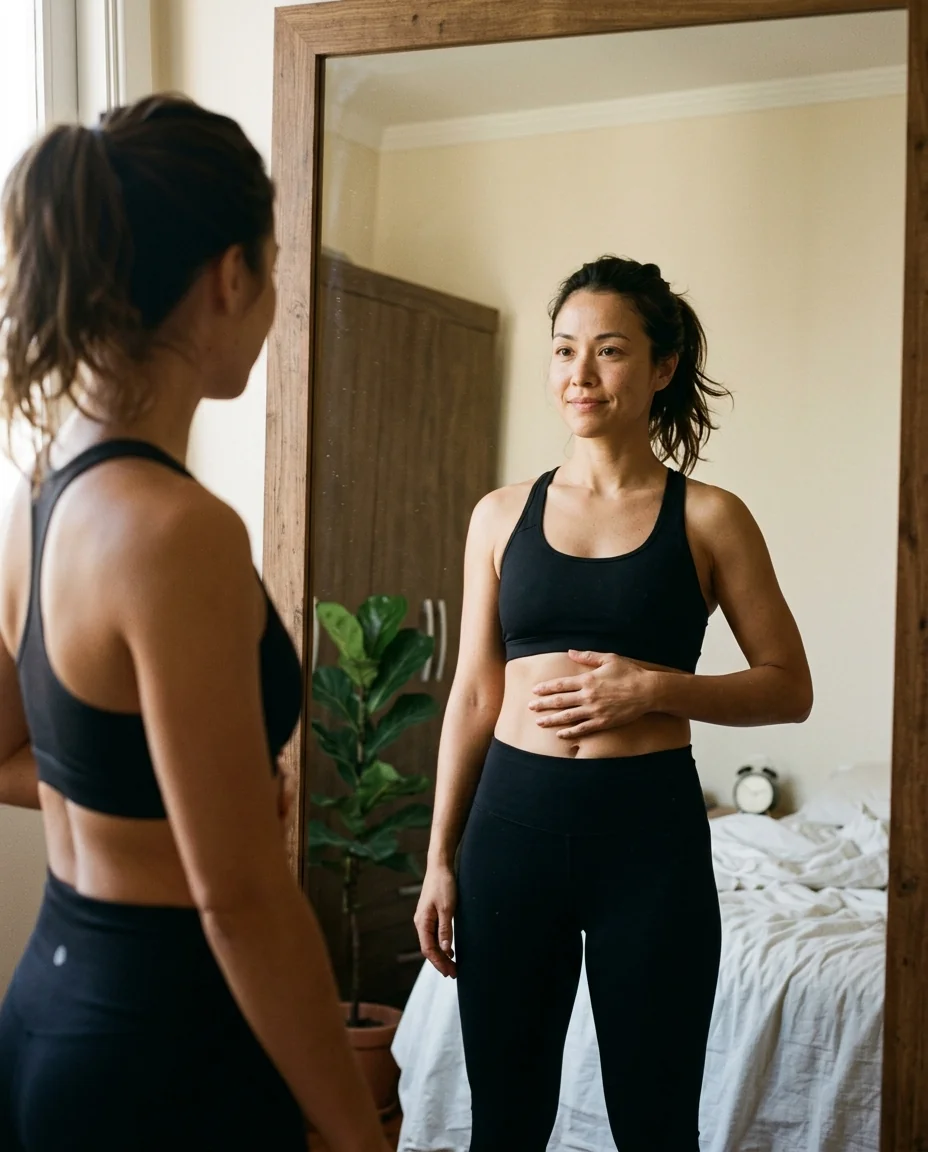 Mulher se olhando no espelho com a barriga chapada